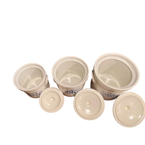 Pfaltzgraff vintage ceramic 3 piece canister set w/lids cream and blue - Picture 2 of 11